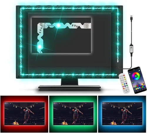 Vista 10 de Retroiluminación de TV, tira de luces LED RGB para computadora PC, 9.8 pies/9.8 ft detrás de TV, sincronización de música y función de temporizador