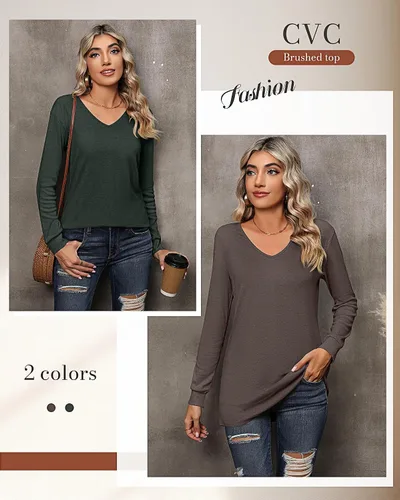 Vista 8 de Riyiper 2 camisetas de manga larga para mujer, cuello en V, lisas, casuales, holgadas, camisetas