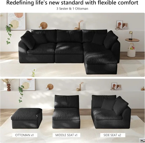 Vista 8 de Sofá modular de nube sin hueso de 108 pulgadas con asiento profundo para sala de estar, sofá en forma de L con otomana, tela de copo de nieve y Negro