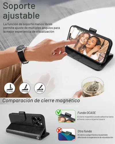 Vista 4 de OCASE Funda compatible con iPhone 15 Pro Max, funda tipo cartera de piel Negro
