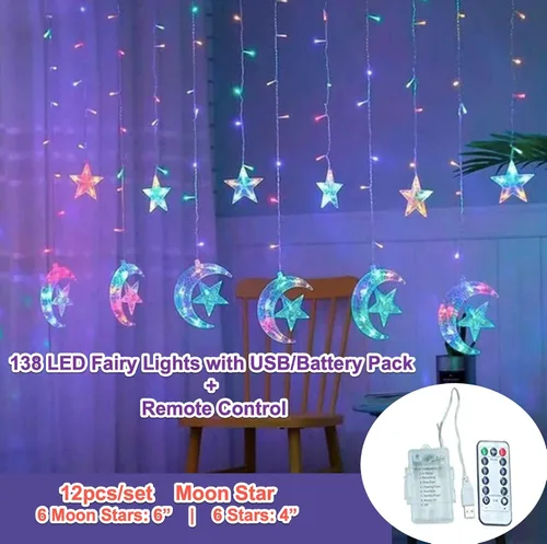 Vista 2 de House Warming & Eid - Tira de luces LED para cortina para interiores y exteriores, estrella centelleante, luna, USB, funciona con pilas, para colgar