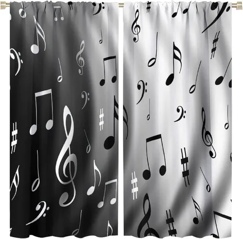 Vista 59 de Cortinas de notas musicales, blanco y negro, instrumento musical, canción, arte de canción, opacas, para ventana, dormitorio, sala de estar