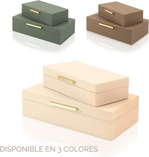Vista 8 de ZICOTO Moderno juego de 2 cajas de almacenamiento decorativas con asas de metal negro, caja organizadora de joyas de piel sintética, caja