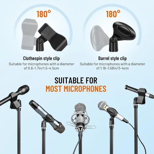 Vista 6 de CAHAYA Soporte para micrófono resistente súper resistente trípode universal con 2 clips para micrófonos, altura ajustable para micrófonos