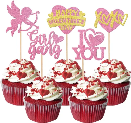 Vista 32 de Rsstarxi Paquete de 24 adornos para cupcakes para el día de San Valentín, con purpurina roja, dulce amor, para cupcakes, decoración de San Valentín