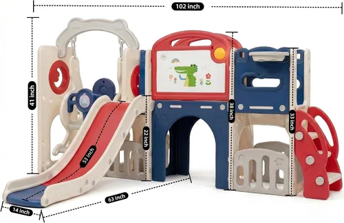 Vista 3 de Conjunto de juegos al aire libre 12 en 1 para niños pequeños con columpio, columpio interior y conjunto de tobogán, parque de juegos para niños