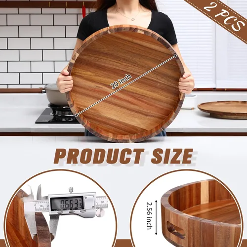 Vista 2 de Tanlade 2 bandejas redondas grandes de madera de 20 pulgadas con asas, bandeja de madera de acacia resistente para cocina, sala de estar, decoración
