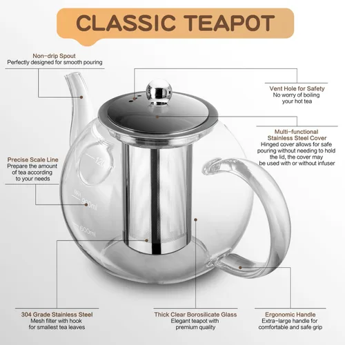 Vista 2 de Tetera de vidrio, Zpose 1200 ml/40 oz de tetera con infusor de acero inoxidable extraíble, tetera de vidrio transparente con línea de escala, tetera