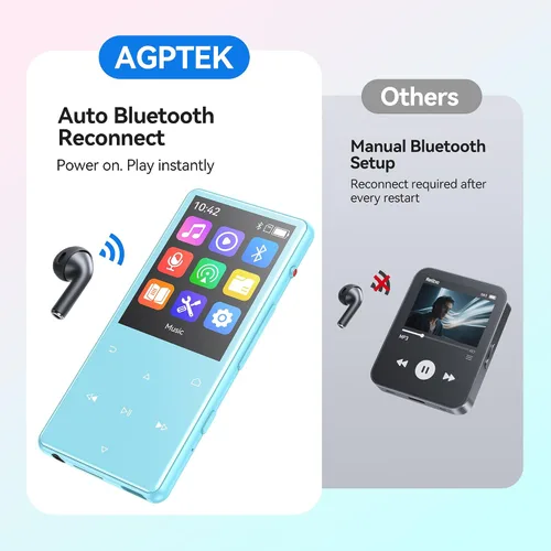 Vista 5 de AGPTEK Reproductor MP3 de 128 GB con Bluetooth 5.4, M6 reproductor de música de 2,4 pulgadas con grabación con un clic, altavoz incorporado y radio