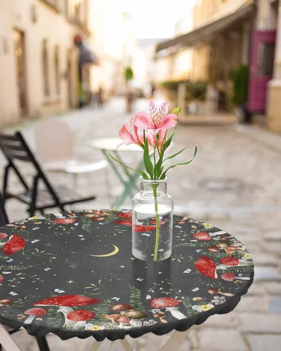 Vista 4 de Mantel Ajustado de Hongos para Mesa Redonda, Cubierta de Mesa de Cocina Botánica Pastoral Floral con Borde Elástico Tela Impermeable, Cubiertas Negro