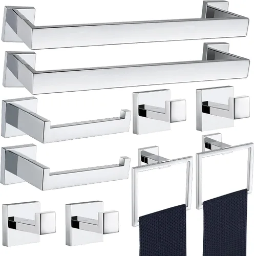 Vista 19 de Juego de 5 piezas de accesorios de ferretería para baño en negro mate, juego de toalleros cuadrados de 16 pulgadas para baño, juego de barras