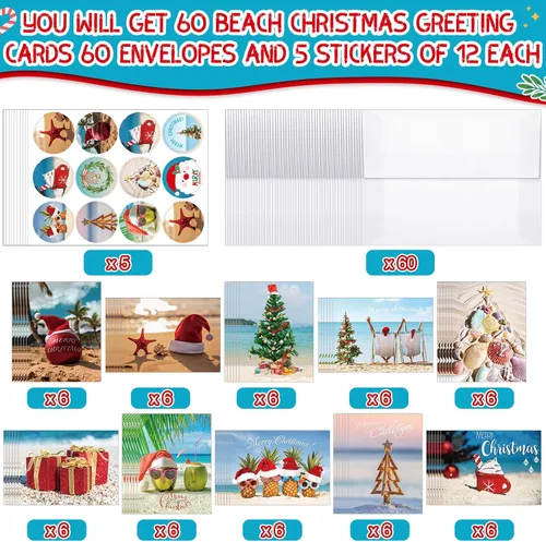 Vista 5 de Ctosree 60 juegos de tarjetas de felicitación de Navidad en julio, verano, estilo playa, a granel, con sobres y calcomanías para suministros
