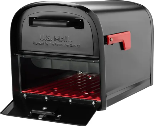 Vista 3 de Architectural Mailboxes 6300B-10 Oasis 360 Buzón de paquete con bloqueo, extra grande, negro y correo Boss 7121, poste de montaje negro en el suelo