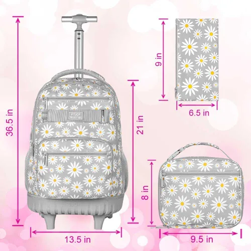 Vista 5 de AGSDON Mochila con ruedas para niñas, bolsa de libros con ruedas enrollables, mochila escolar con ruedas para computadora portátil con ruedas