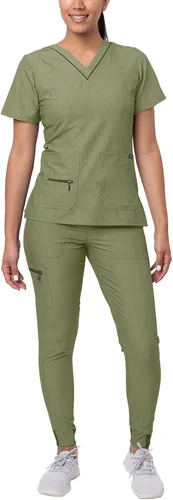 Vista 11 de Adar Pro Scrubs for Women Set - V-Neck & Jogger Cargo Pants, 7 Pockets Blanco