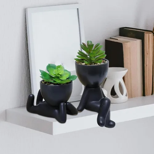 Vista 7 de Zerzsy 3 plantas suculentas artificiales con macetas creativas de cerámica en forma de humano, mini plantas en maceta, plantas falsas de baño Negro