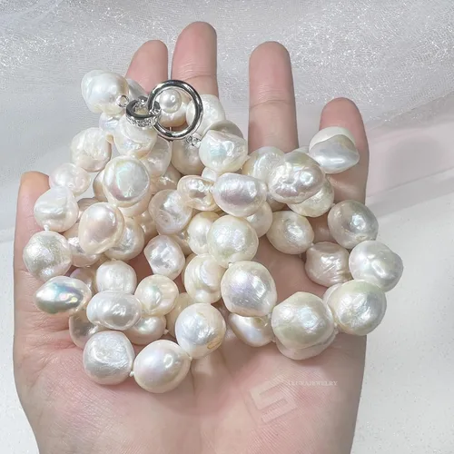 Vista 7 de Big Baroque Pearls Lariat Necklace, 12-13MM Freshwater Cultured Pearls In Sterling Silver Clasp Necklace, 37" Long Strand Pearl Necklace
