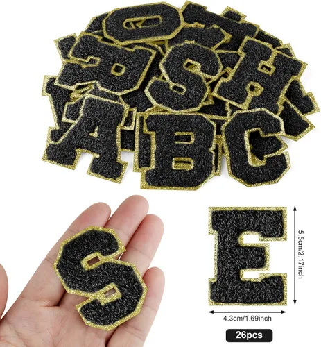 Vista 2 de Parches autoadhesivos de felpilla con letras A-Z, color negro, para ropa de tela, 26 piezas