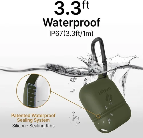 Vista 4 de Catalyst - Funda impermeable para AirPods (1ª generación, 2ª generación) edición premium, silicona protectora, carga inalámbrica, mosquetón, a