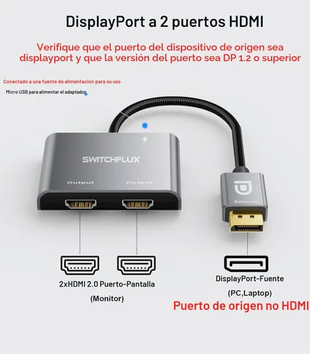 Vista 2 de Adaptador DisplayPort a HDMI dual [4K @60Hz] Divisor DP a HDMI, pantalla extendida de 1 en 2 salidas, convertidor de fuente macho DP para monitores