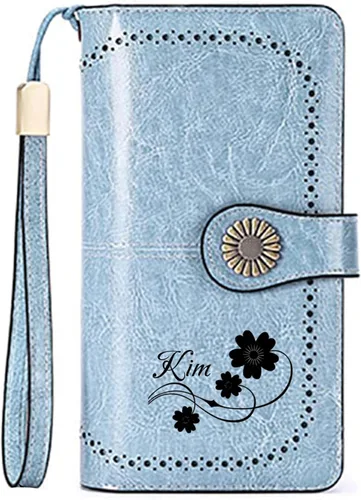 Vista 26 de Cartera de pulsera personalizada, carteras con nombre grabado personalizado con bloqueo RFID, gran capacidad, cartera de mano para tarjetas de Cuero