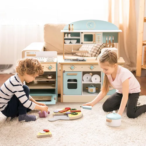 Vista 2 de ROBUD Juego de cocina de madera, juego de cocina de juguete para niños con diseño realista, utensilios, máquina de hielo, nevera, horno, lavadora