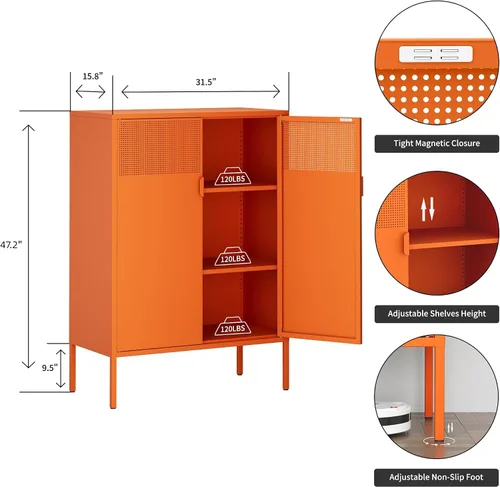 Vista 114 de Gabinete de almacenamiento de metal ancho negro, gabinete de acento de 2 puertas para el hogar y la oficina, gabinete de metal bajo de 2 niveles