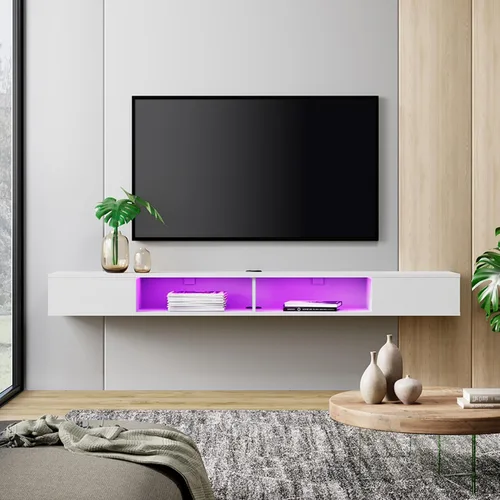 Vista 8 de WAMPAT Estante flotante de TV de 70 pulgadas con luz LED amarilla, soporte de TV flotante blanco montado en la pared con almacenamiento para TV