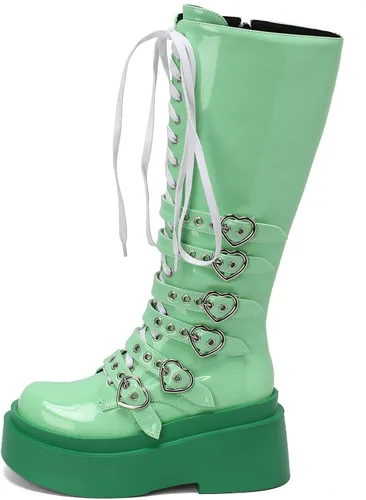 Vista 66 de Parisuit Botas góticas altas hasta la rodilla con hebilla de plataforma para mujer, tacón alto grueso, con cordones, botas de combate punk, con Negro