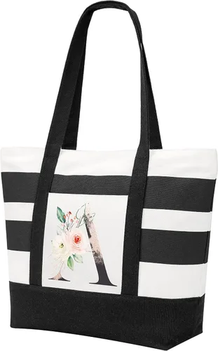 Vista 8 de PARBEE Bolso tote de lona con iniciales, diseño de rayas y flores, con cremallera superior, bolsas de playa grandes con monograma de regalo