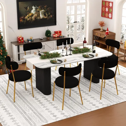 Vista 24 de Juego de mesa de comedor ovalada negra moderna de 70.9 pulgadas para 4, mesa de cocina rectangular estilo crema con sillas negras Boucle, juego