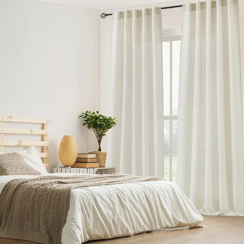 Vista 8 de Cortinas de lino natural mezclado semitransparentes con pestaña trasera para sala de estar, cortinas de lino texturizado estilo bohemio para filtrar