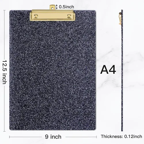 Vista 2 de Piasoenc Portapapeles de Acrílico, Tablero con Clip de Purpurina Elegante con Clip Dorado de Perfil Bajo, Diseñado para Uso en Aula, Escuela y Negro