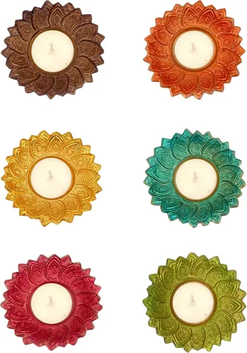 Vista 7 de SATVIK - 2 piezas Chandrarupa Diya Floral Red Lotus Flower Shape Candelabro de té Lámpara de aceite Navidad Interior Hogar Mandir Pujan Pooja