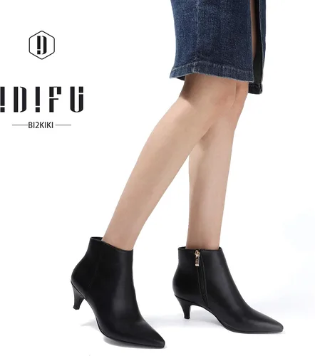 Vista 2 de IDIFU Botas de tacón bajo para mujer, botas de tobillo con punta puntiaguda, botas cortas para vestir, 5