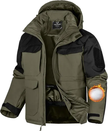 Vista 10 de FREE SOLDIER Chaqueta de esquí impermeable para hombre, abrigo cálido de invierno para nieve, snowboard con múltiples bolsillos, capucha desmontable