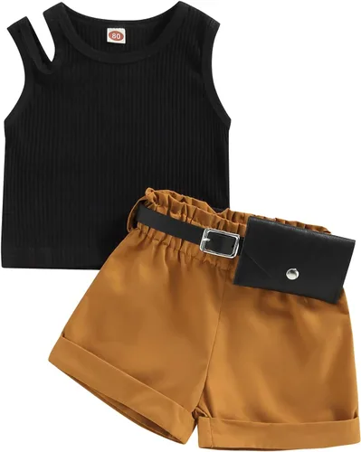 Vista 14 de Adobabirl Conjunto de ropa de verano para niña pequeña, sin mangas, acanalada, top halter y pantalones cortos, ropa de moda para niños con cinturón