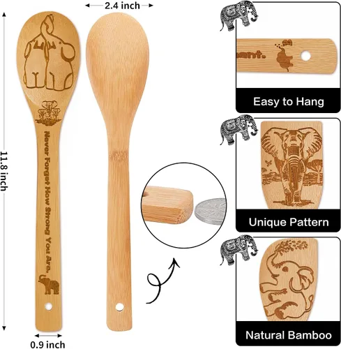 Vista 2 de Regalos de elefante para mujer, 6 cucharas de bambú de madera con soporte para utensilios para decoración del hogar, accesorios temáticos