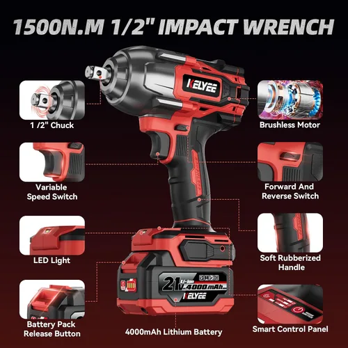 Vista 8 de Llave de impacto inalámbrica de 1/2" 1107Ft-lb(1500N.m) con batería Grande