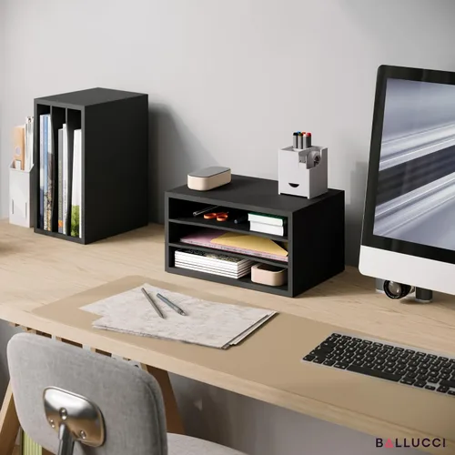 Vista 2 de Organizador de papel Ballucci, organizador de escritorio de madera apilable de 3 niveles, organizador de archivos de documentos y clasificador
