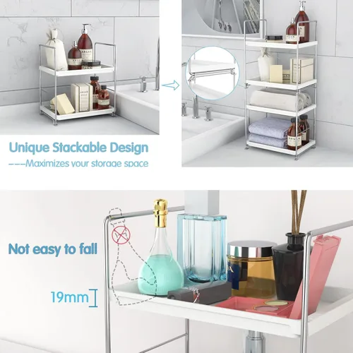 Vista 4 de Estante de especias de cocina de 2 niveles, organizador de encimera de baño, bandeja de tocador, almacenamiento de cosméticos y maquillaje, estante