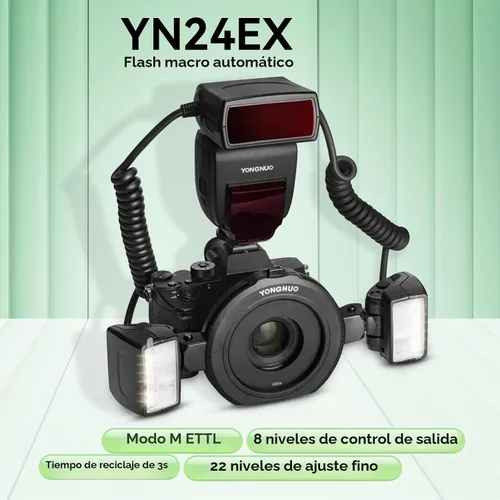 Vista 2 de YONGNUO YN24EX TTL Macro Ring Flash LED Macro Flash Speedlite YN-24EX 24EX, con 2 cabezales de flash y 4 anillos adaptadores para Canon