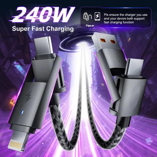 Vista 3 de Cable de carga de 240W 4 en 1, cable de carga rápida USB C a Lightning, cable trenzado USB a USB C, cable de carga múltiple esencial para viajes