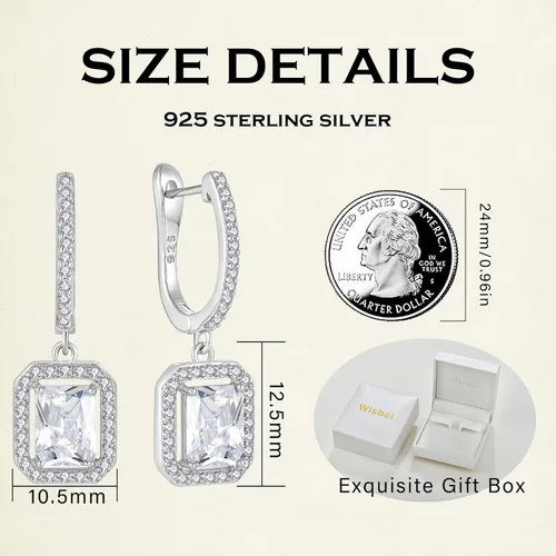 Vista 2 de Wisbal Women's Solitaire Dangle Drop Earrings 925 Sterling Silver Pure Square Huggie Earrings Hoop Dangle Drop Earrings Jewelry Gift