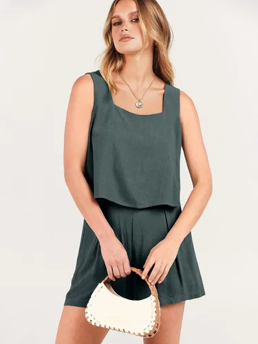 Vista 4 de ANRABESS Conjunto de 2 piezas de lino con cuello cuadrado y pantalones cortos para mujer, ropa de moda para playa y verano