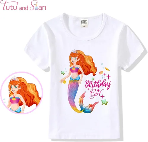 Vista 2 de Conjunto de traje de sirena Camisa vestido de tutú arco iris banda de satén diadema regalos de cumpleaños para niñas