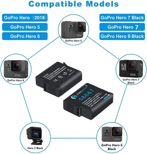 Vista 2 de COOLSHOW - Batería de repuesto para Hero 7, 6, 5 (paquete de 2) y cargador Triple Hero 7 compatible con GoPro Hero 7 Black, Hero 6 Black, Hero 5
