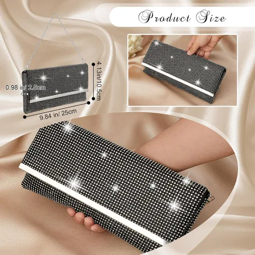 Vista 2 de Tessco Bolso de noche para mujer con purpurina para mujer, para noche, boda, fiesta, graduación, bolso de diamantes de imitación con cadena