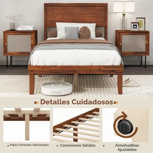 Vista 5 de KOMFOTT Base de cama de madera tamaño twin con cabecero, base de cama de plataforma de madera de acacia sólida, base de cama soportada por listones