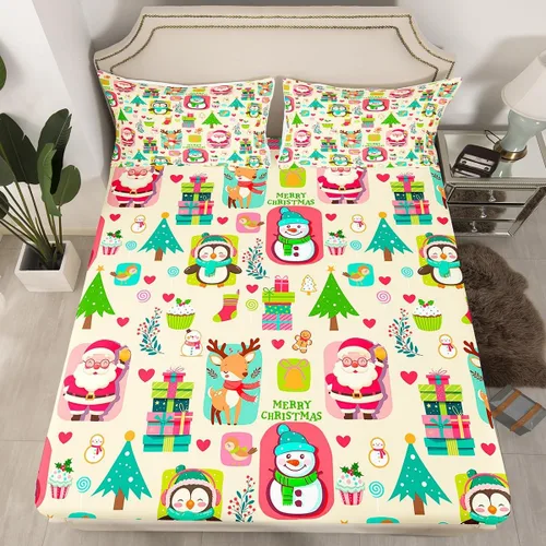Vista 31 de Juego de sábanas con diseño de Papá Noel y muñeco de nieve para niños, niñas y niños, de temática navideña, juego de cama con diseño de árbol